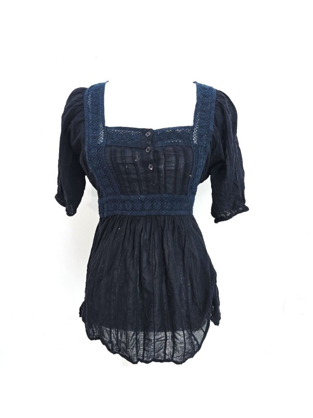Elle Black Gauzy Lace Square Neck Whimsigoth Witch Babydoll Tunic Blouse Women M